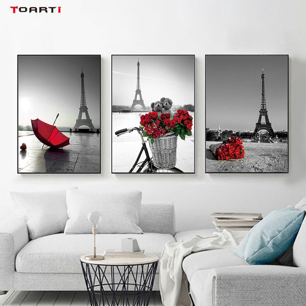 

paris city black&white p pictures prints vintage poster red rose&umbrella wall art modern canvas painting bedroom decoration