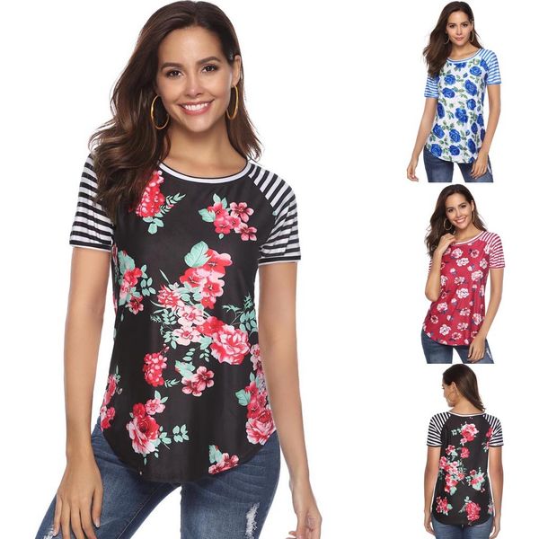 

women casual floral print blouse stripe short sleeve shirt round neck blouse shirt casual plus size blusas femininas, White