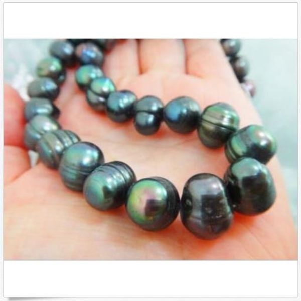 

genuine natural 18" 10-12mm black tahitian pearl necklace 14k yellow gold clasp, Silver