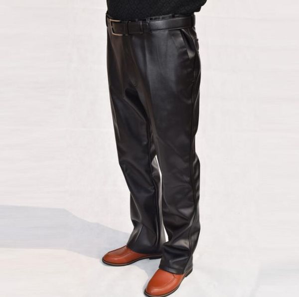 

straight leather pants mens feet pants spring autumn personality motorcycle faux leather pu trousers for men thin pantalon homme, Black