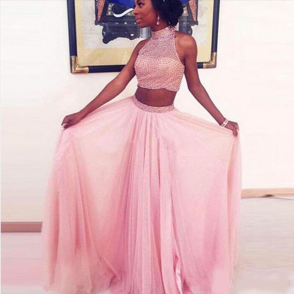 

2020 high neck sleeveless pink long formal two pieces prom dress beaded sequined crop floor length evening party gowns custom made, Black