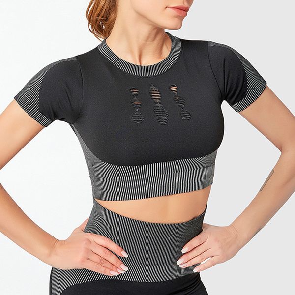 

twe 2020 seamless hollow out athletic fitness workout crop women anti-sweat o-neck yoga training sport crop tee shirts, Black;blue