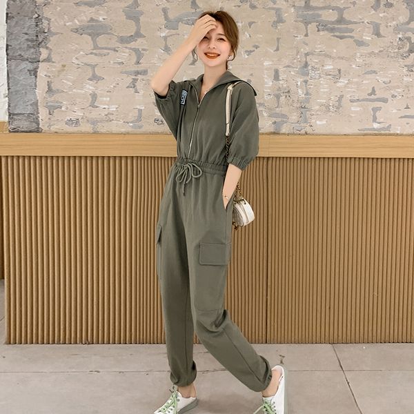 

women summer short sleeve lapel zipper one piece pant overalls jumpsuit female streetwear hiphop harem cargo trouser romper t105, Black;white