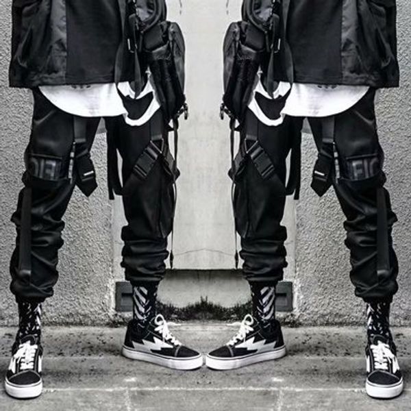 Hip Hop Calça masculina Bandage Calça dançante preta com bolsos cadeados Calça cargo fashion 2020 Novidades