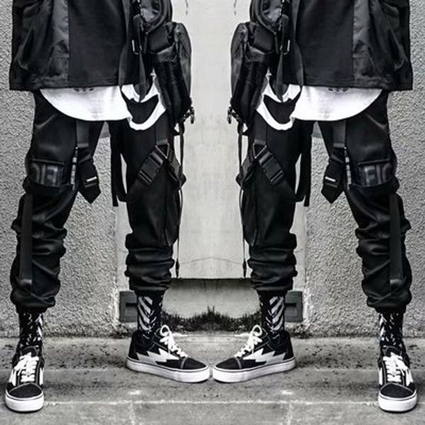 

hip hop mens pants bandage black dancing pants with pockets locks fashion cargo pants 2020 new arrivals