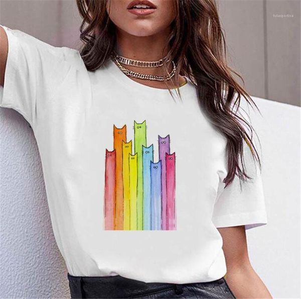

colorful cat printed womens tshirts casual crew neck white tees comfortable short sleeve