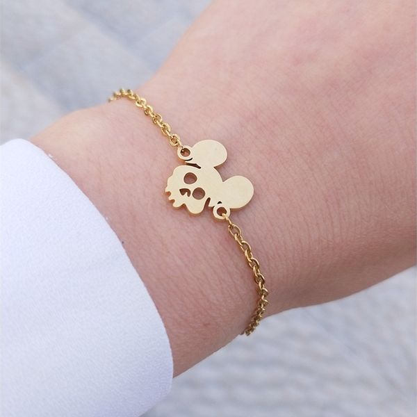 

punk jewelry skull mouse ears bracelets for women men hallowmas gift zodiac mouse pulseras kpop stainless steel chain bracelet, Golden;silver