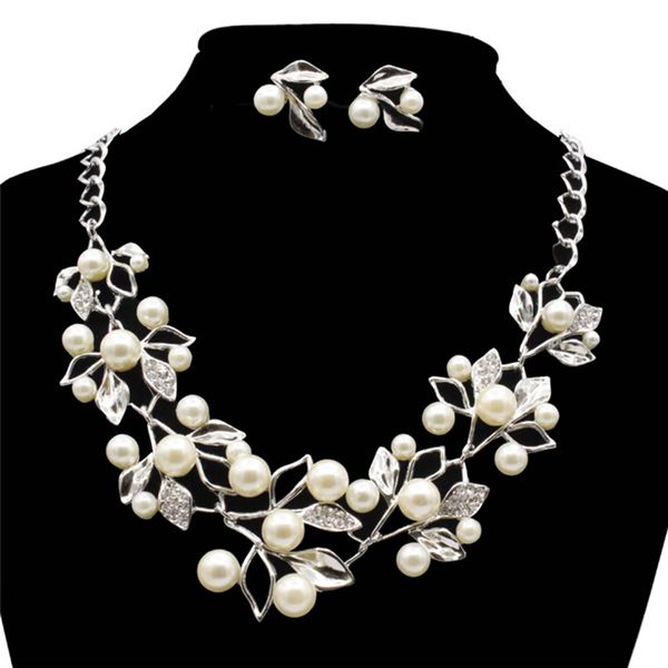 

jewelry set fashion pearls crystal tree leaves necklace earring elegant ladies, Silver