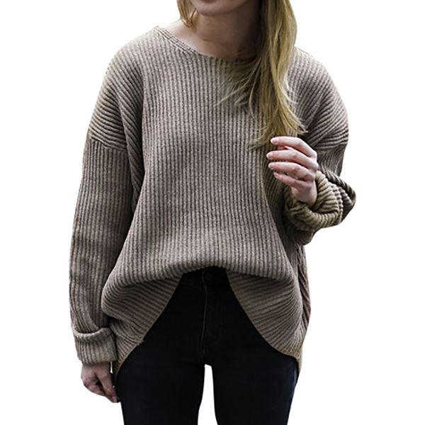 

2019 new fashion sweater womens long sleeve pullover plus size solid irregular sweater loose knitted, White;black