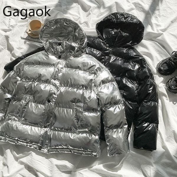 

women's down & parkas gagaok women office lady winter arrival solid pockets hooded glossy loose casual harajuku female fashion korean c, Black