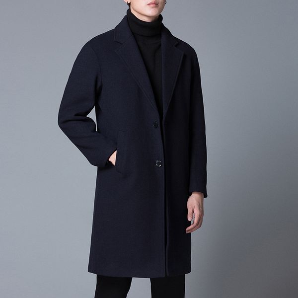 

men casual fashion long woolen winter coats warm slim wool coat and jacket long sleeve solid single breasted overcoat, Black