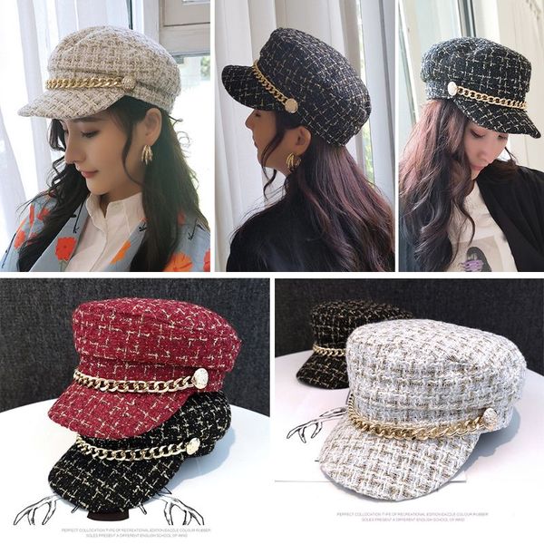 

2019 women vintage metal chain tweed hat winter retro flat berets cap stylish lady casual warm hats female plaid cap 3 colors, Blue;gray
