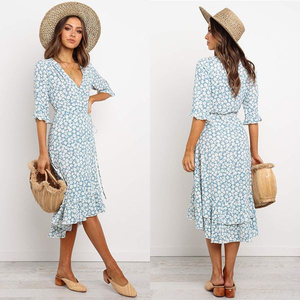 

v-neck floral long skirt spring and summer women irregular dress for women, Black;gray