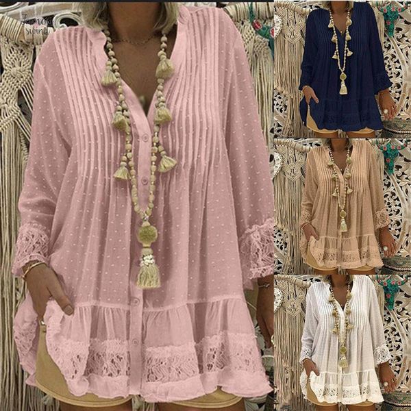 

womens blouses lace chiffon v neck tunic shirt blouse long sleeve loose womens and 2019 summer plus size, White