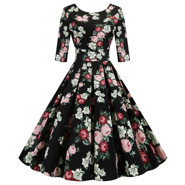 

2020 fashion summe dress women o-neck floral print draped vintage party dress evening beach sundress sukienki vestidos#j30, Black;gray