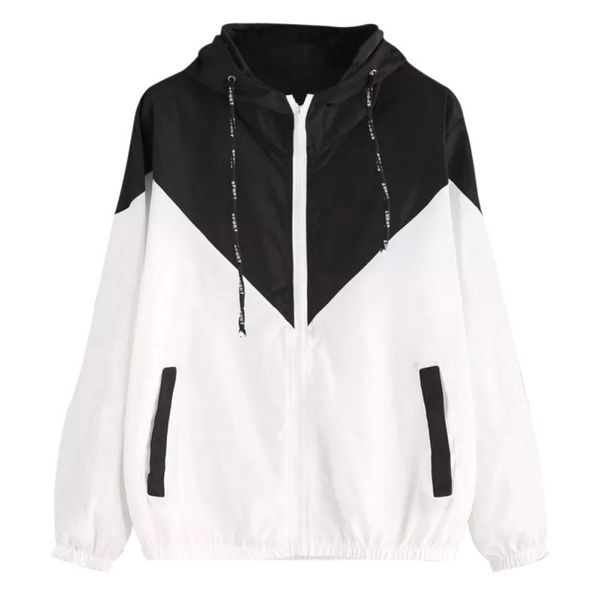 

women zipper pockets windbreaker jacket fashion two tone patchwork hooded jacket female spring autumn casual long sleeve coats, Black;brown