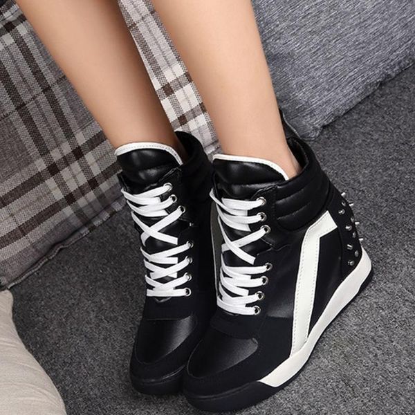 

new lady high heels shoes fashion women sneakers comfort rivet hidden wedge heel high top, Black