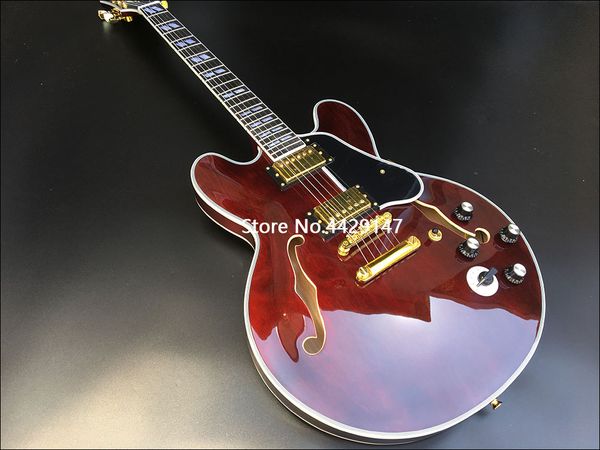 

semi-hollow jazz electric guitar, arch guitar transparent wine red, maple texture, golden hardware