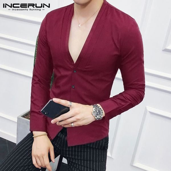 

incerun men shirt deep v neck solid color button long sleeve slim camisa fashion brand party clubwear men dress shirts 2019 3xl, White;black
