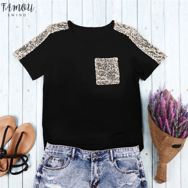 

sequined t shirt womens pocket tee shirts mujer v neck fashion black t shirt women short sleeve tee summer female top, White