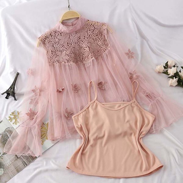 

new women perspective gauze blouse shirt lace crochet mesh blusas ruffle blouse with elastic cami ladies suits, White