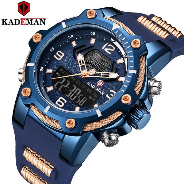 

new arrival kademan brand men's sports watch rubber strap led dual display fashion military quartz wristwatch waterproof k9055g, Slivery;brown