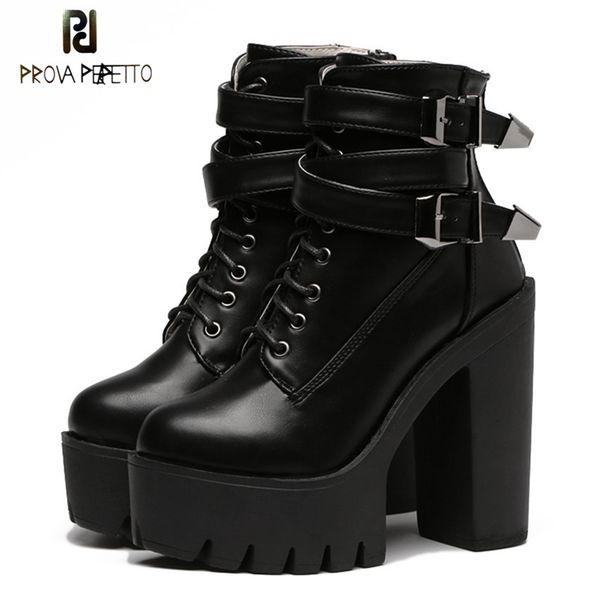 

prova perfetto spring autumn fashion women boots high heels platform buckle lace up leather short booties black ladies shoes