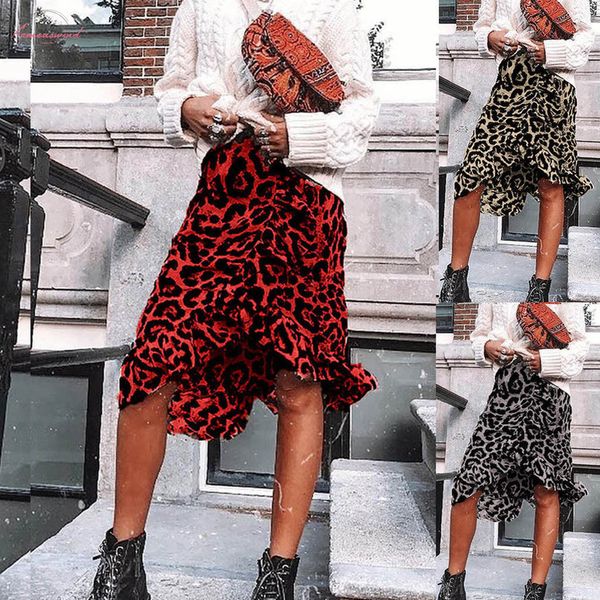 

vintage leopard print long skirts women autumn midi skirt high waist asymmetrical ruffle skirt winter irregular casual red, Black