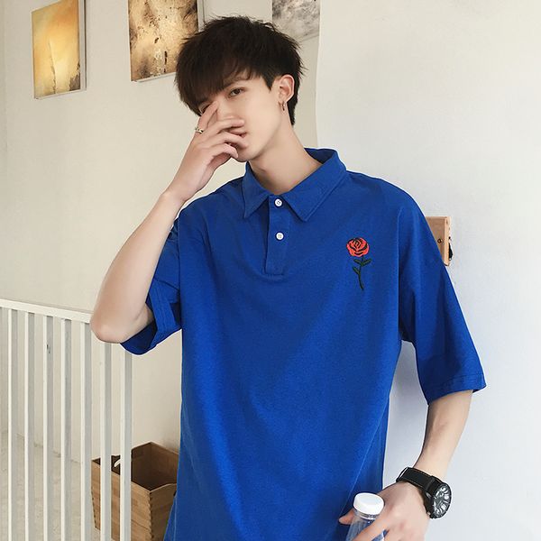 

black blue white t shirt men cotton turn down collar short-sleeved mens tees shirts rose embroidery casual solid tshirt male, White;black