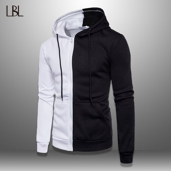 

lbl patchwork hoodie men 2019 casual hooded sweatshirt male autumn spring mens pullover hoody sportswear tracksuit zipper jacket, Black