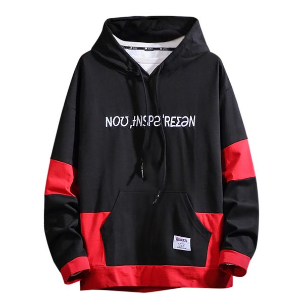 

japanese hoodie men streetwear in men's hoodies pullover casual fashion printing patchwork hoodie long sleeves sweatershirt, Black