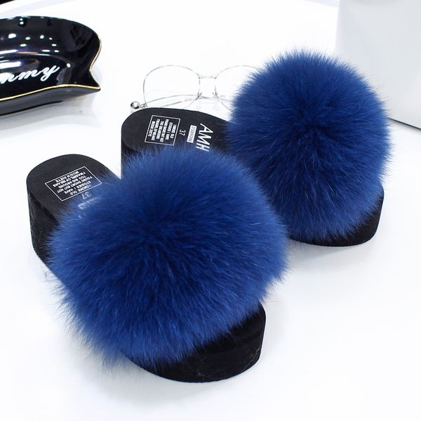 

real fox hair slippers women fur home fluffy sliders winter plush furry summer flats sweet ladies shoes large size 40 pantufas, Black