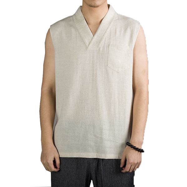 

2019 men sleeveless t shirt cotton linen t-shirts men kimono kongfu mens retro streetwear & tees male vest hanfu m-4xl, White;black