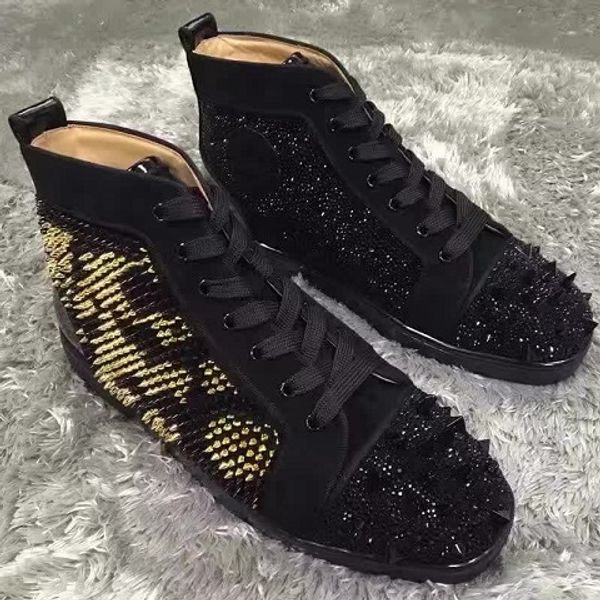 

size 36-47 gold,sliver spikes sneakers shoes men,women leisure flats black diamond red bottom strass sneaker shoes party dress luxury winter