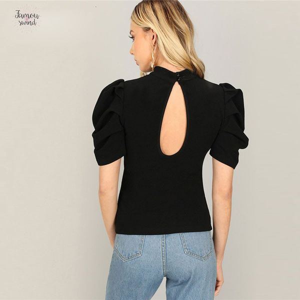 

tshirt ladies puff sleeve cutout back 2019 elegant women highstreet stand collar short sleeve spring tees, White