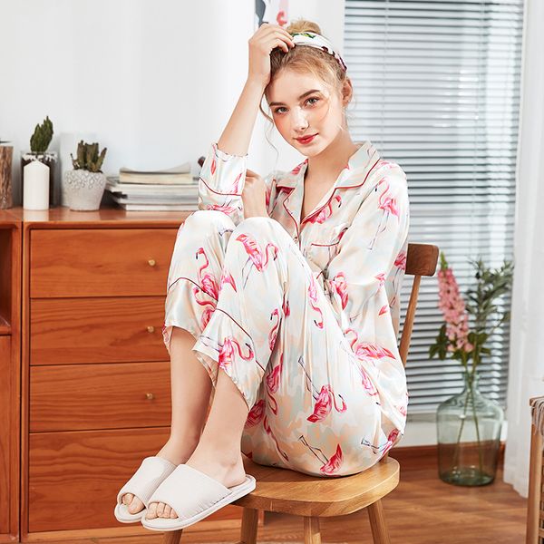 

womens emulation silk pajamas pyjamas set long sleeve printing sleepwear pajamas suit female sleep two piece set, Blue;gray