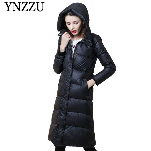 

ynzzu new arrival hooded women solid down coat slim thick warm long down jacket long sleeve 90% white outwear o885, Black