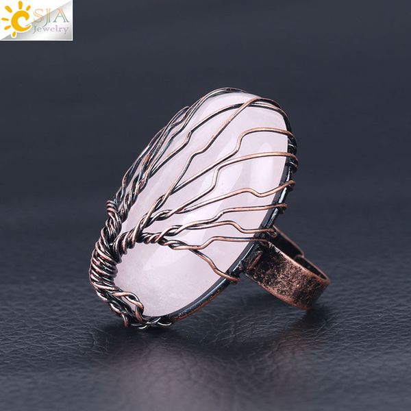 

6 colors vintage style handmade gemstone rings copper opal rose quartz single gem winding tree of life adjustable band ring fashion jewelry, Silver