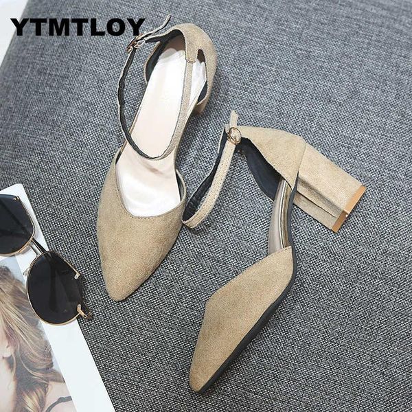 

2019 spring wild female sandals shoes high heels gray buckle hollow thick with pointed wedges pumps wedding shoes tenis, Black