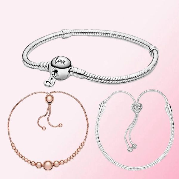 

hywo 100% 925 sterling silver string of beads slider pavÃ© heart clasp snake chain slider and heart clasp snake chain bracelet jewelry, Golden