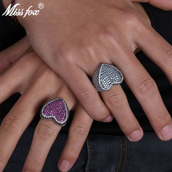 

missfox hip hop cute heart sharp micro mosic red/blue hq cubic zirconia iced out romantic women men platinum party ring, Golden;silver