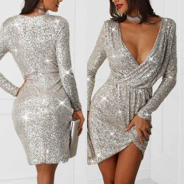 

new fashion spring summer women solid v-neck sequined glitter stitching shining club long sleeved mini dress for female, Black;gray