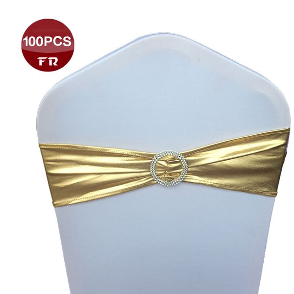 

100pc/pack bronzing spandex lycra chair cover band with buckle for wedding banquet party decor metallic gold silver chair sashes