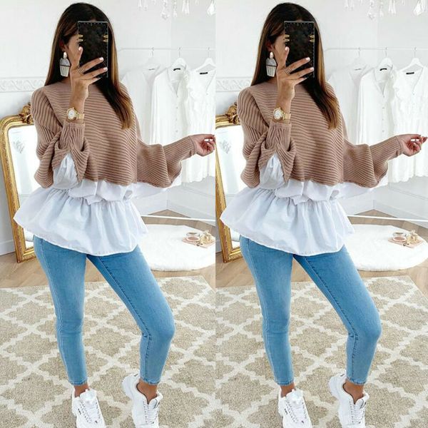 

women long sleeve sweater autumn long sleeve round neck knitted pullover blouse ladies loose baggy jumper patchwork sweaters, White;black