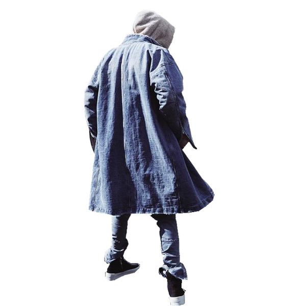

long style high street men denim trench coat retro blue denim jacket zippered cuffs single breasted fleeced winter jean jackets, Tan;black