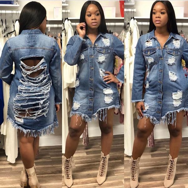 

fashion 2019 women autumn denim jackets vintage casual coat female plus size jean outerwear broken hole coats, Black;brown