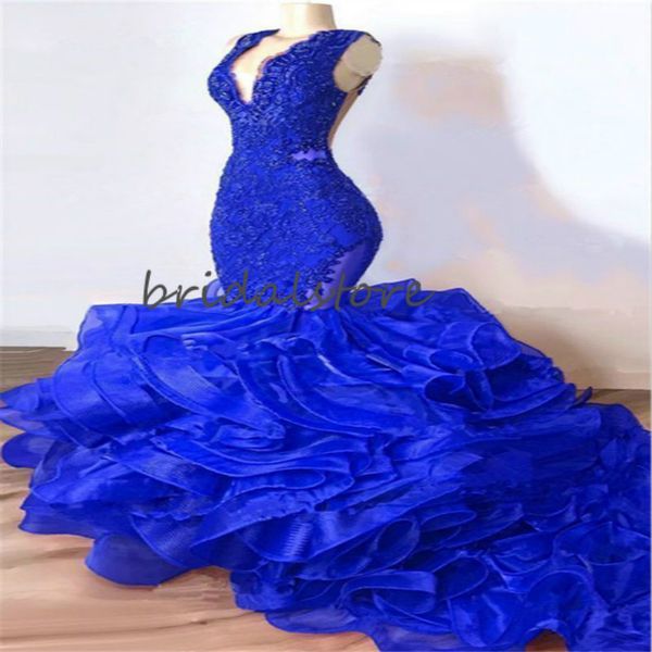 Cascade Rüschen Meerjungfrau Abendkleider Elegante V-Ausschnitt Royal Blue Trompete Prom Kleider Sleeveless Spitze Formale Partykleider 2020 Abendkleider