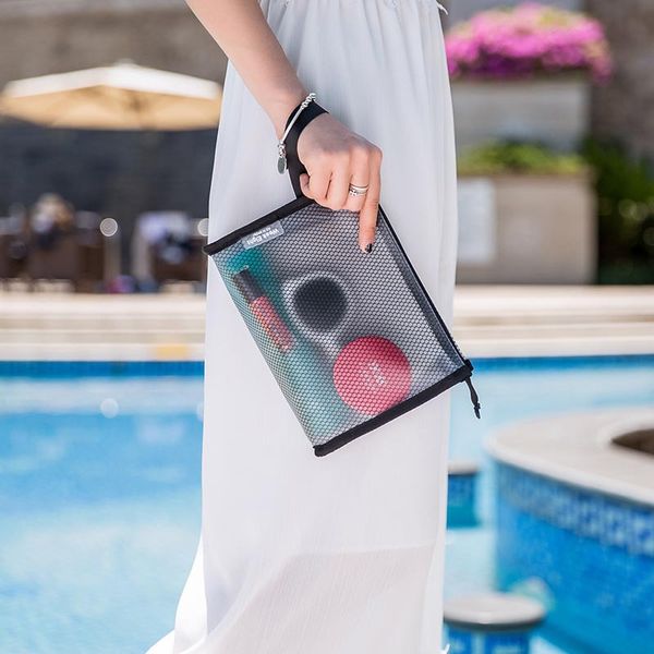 

100 pcs per pack women cosmetic bag organizer mesh big travel bag toiletry wash men makeup bags with handle