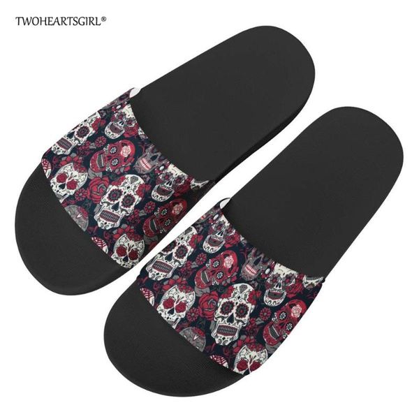 

twoheartsgirl floral sugar skull print slippers for women casual female home slippers soft summer sandals slides beach shoes, Black
