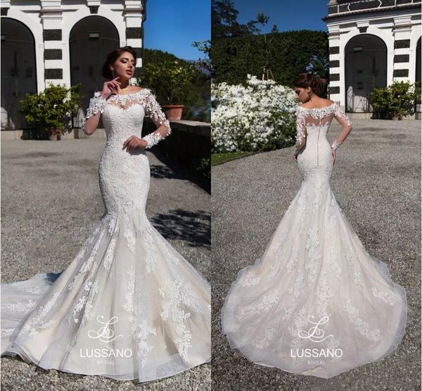 

lussano русалка свадебные платья sheer длинные рукава кружева аппликация scoop декольте sweep поезд винтаж свадебные платья vestidos de novi, White